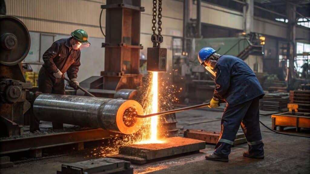 alt with keywords: glowing 6061 aluminum billet being easily shaped under a forging hammer